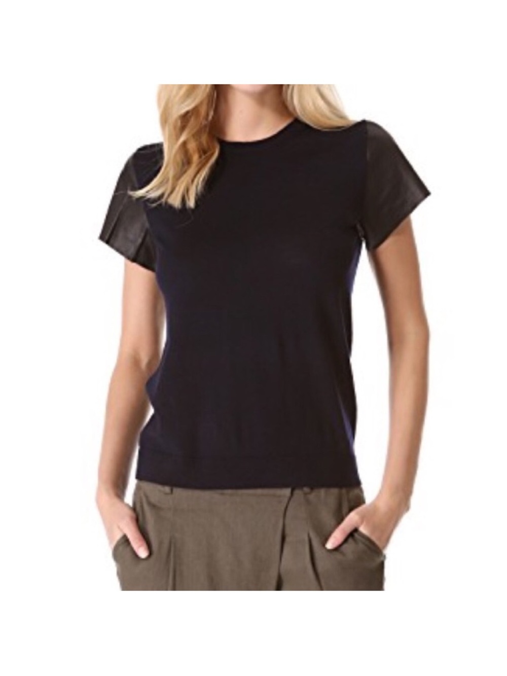 Vince Women Navy Short-Sleeve Mixed-Material Sweater Tee Black Leather Sleeves